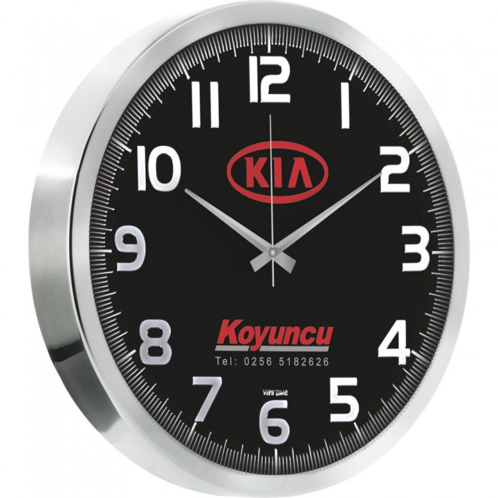 Logo Baskılı Siyah Gümüş Varaklı 40 cm Metal Duvar Saati